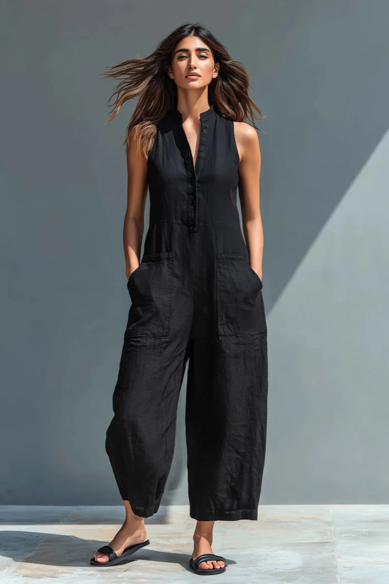 Zwarte linnenmix mouwloze jumpsuit met opstaande kraag