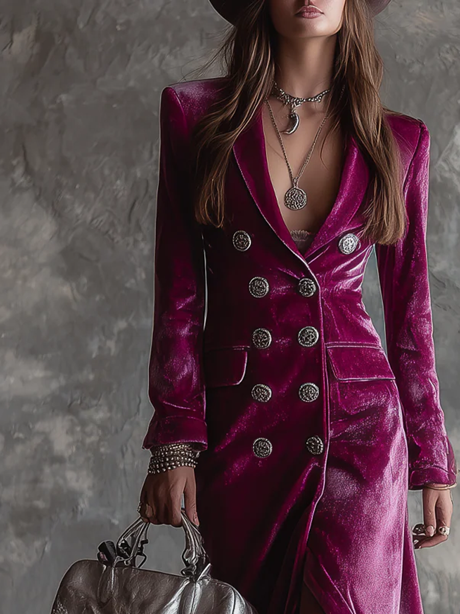 Vintage Button-down Velvet Long Blazer