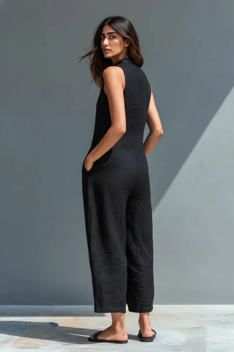 Zwarte linnenmix mouwloze jumpsuit met opstaande kraag
