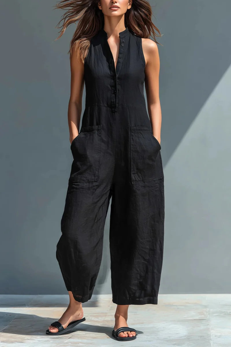 Zwarte linnenmix mouwloze jumpsuit met opstaande kraag