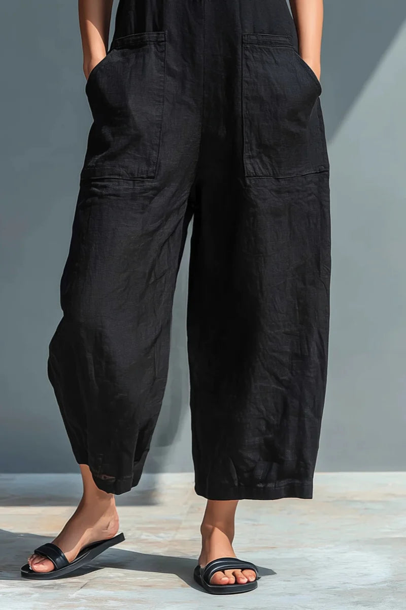 Zwarte linnenmix mouwloze jumpsuit met opstaande kraag