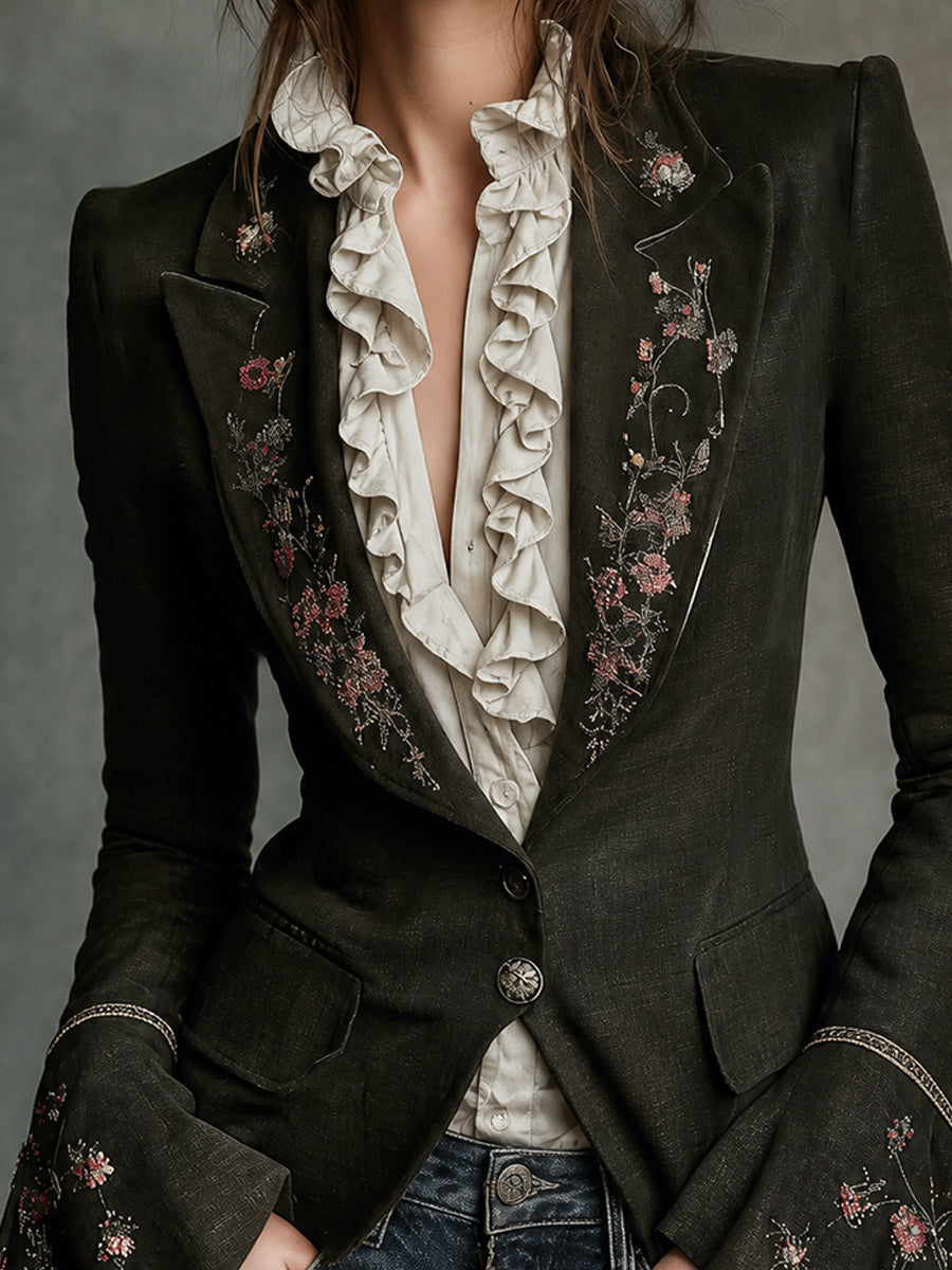 Dark Olive Floral Embroidered Tailored Blazer