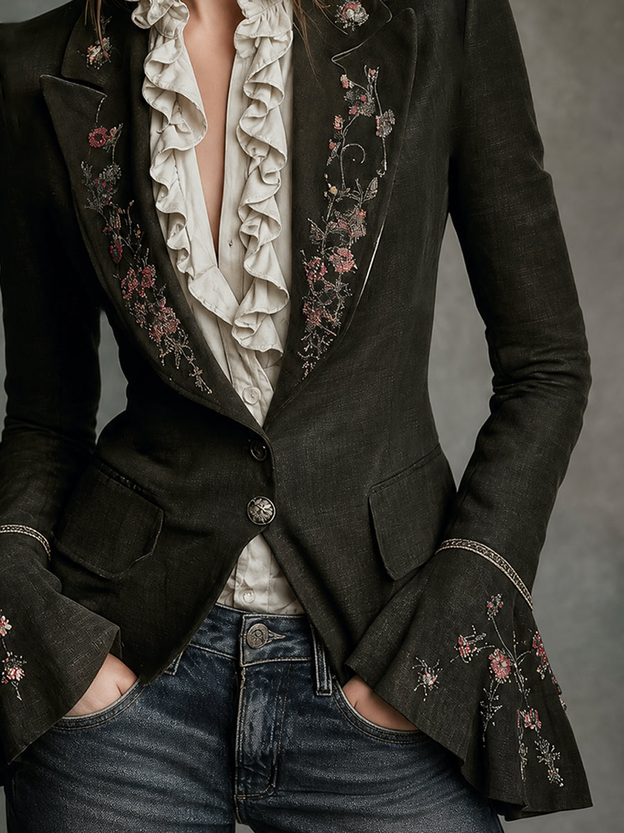 Dark Olive Floral Embroidered Tailored Blazer