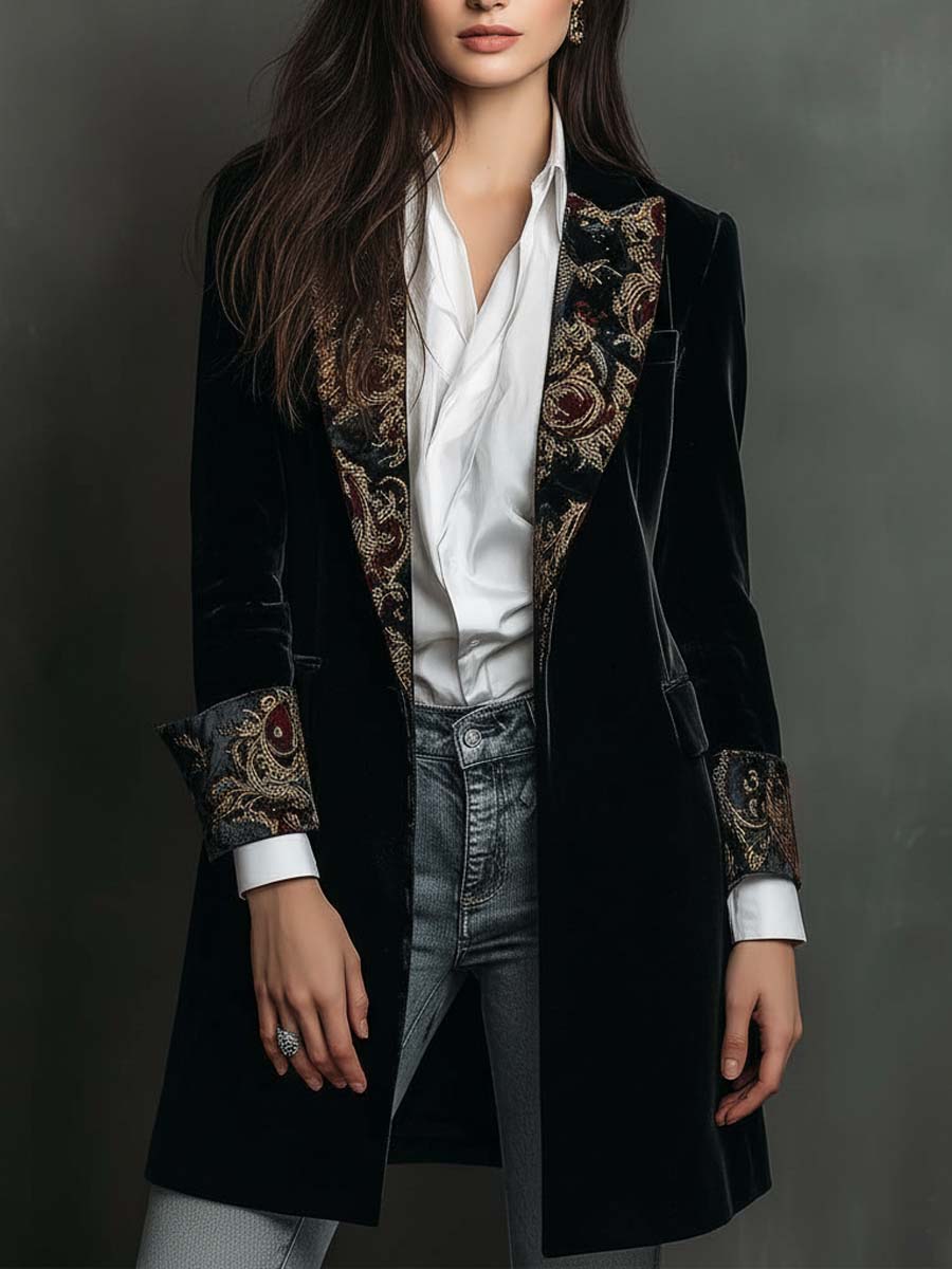Timeless Vintage Luxury Black Velvet Blazer With Baroque Printed Lapel