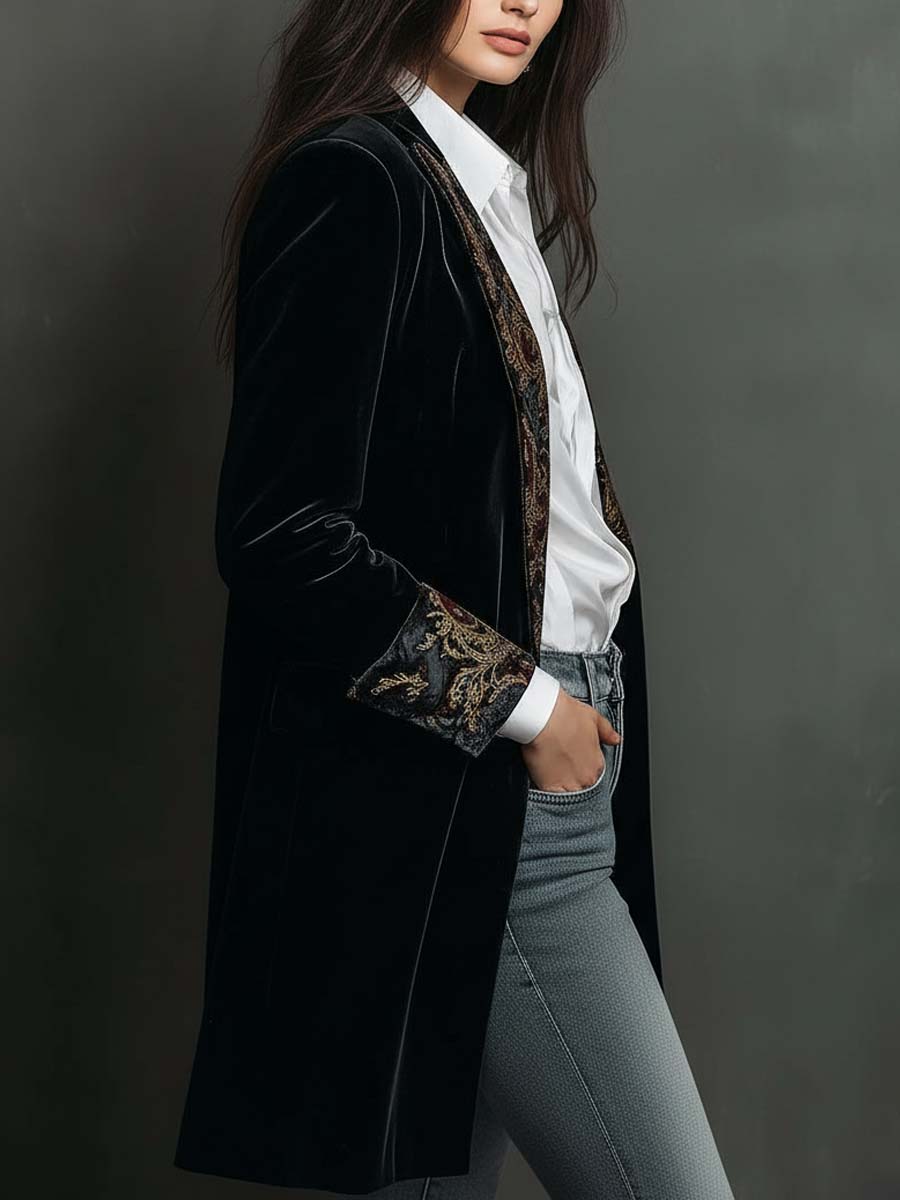 Timeless Vintage Luxury Black Velvet Blazer With Baroque Printed Lapel