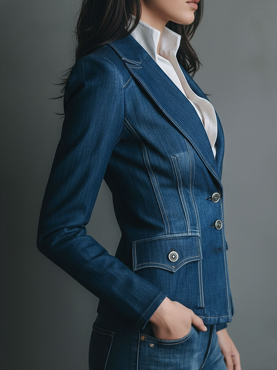 Classic Fitted Denim Jean Jacket With Pockets
