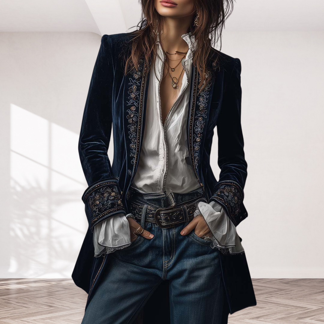 Vintage Navy Polyester Velvet Embroidered Long Jacket