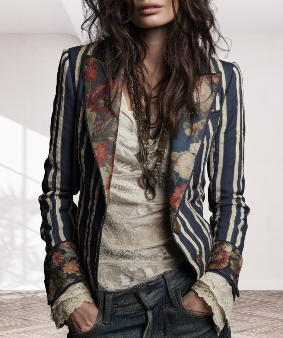 Bohemian Floral Print Cotton And Linen Striped Blazer