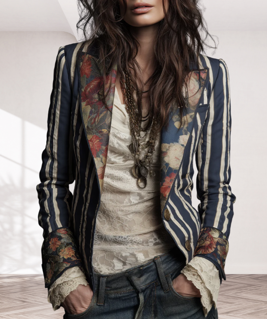 Bohemian Floral Print Cotton And Linen Striped Blazer