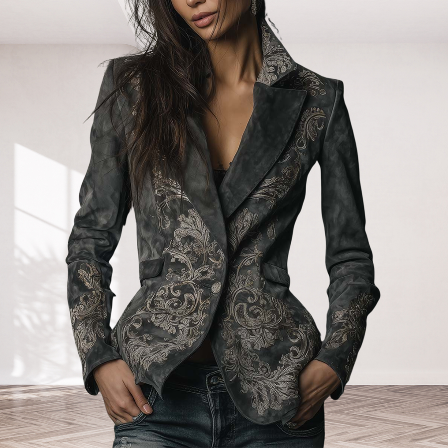 Embossed Floral Eco-Suede Blazer In Charcoal Taupe