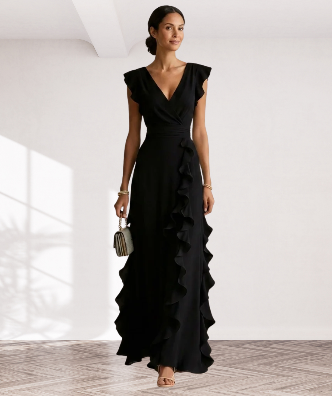 Nellyana | Wrap-Style V-Neck Flutter-Sleeve Cascading Ruffle Maxi Dress