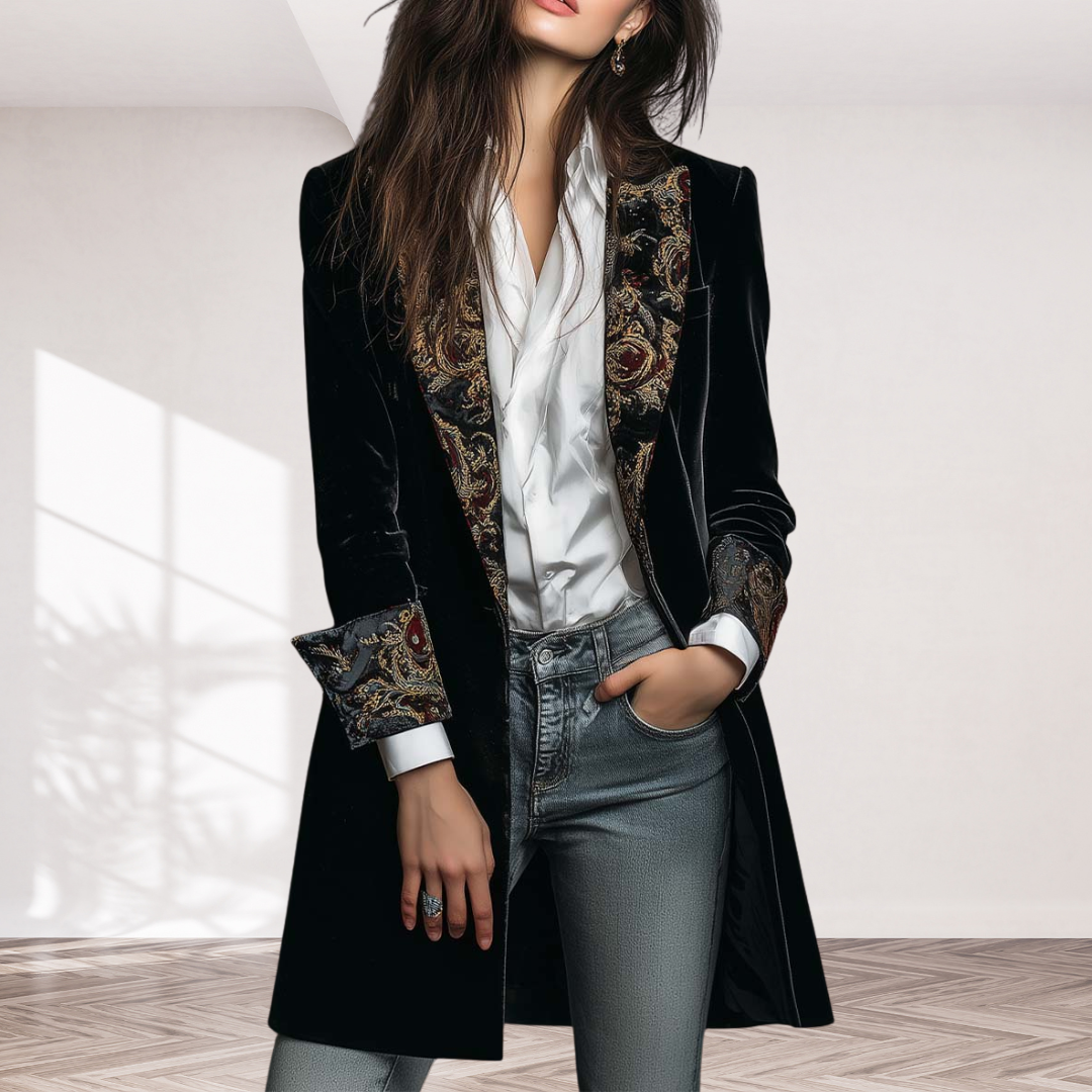 Timeless Vintage Luxury Black Velvet Blazer With Baroque Printed Lapel