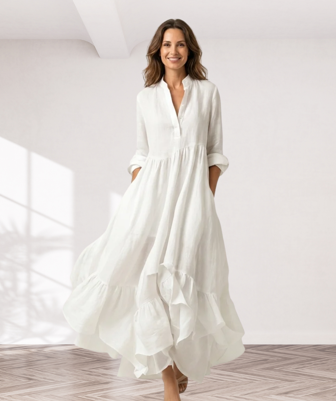 Jilana | Stand-Collar Button-Front Ruffle Hem Maxi Dress