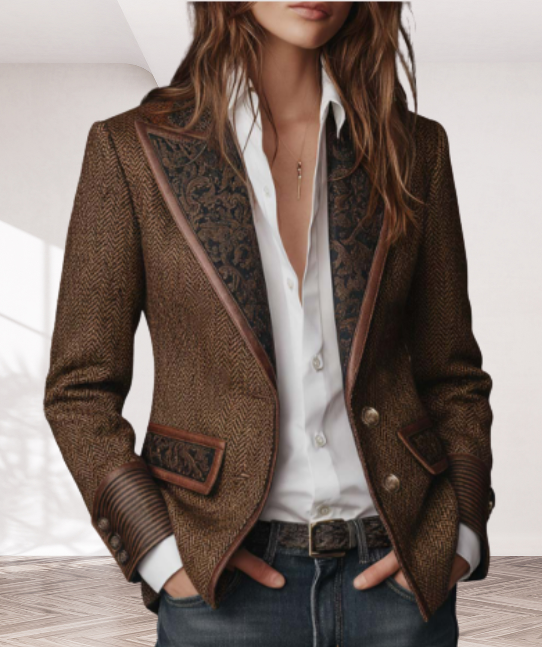 Herringbone Tweed Blazer With Printed Panels