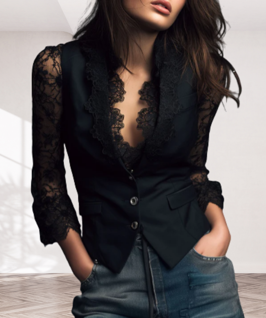 Elegant Black Lace Panel Sleeve Blazer Top