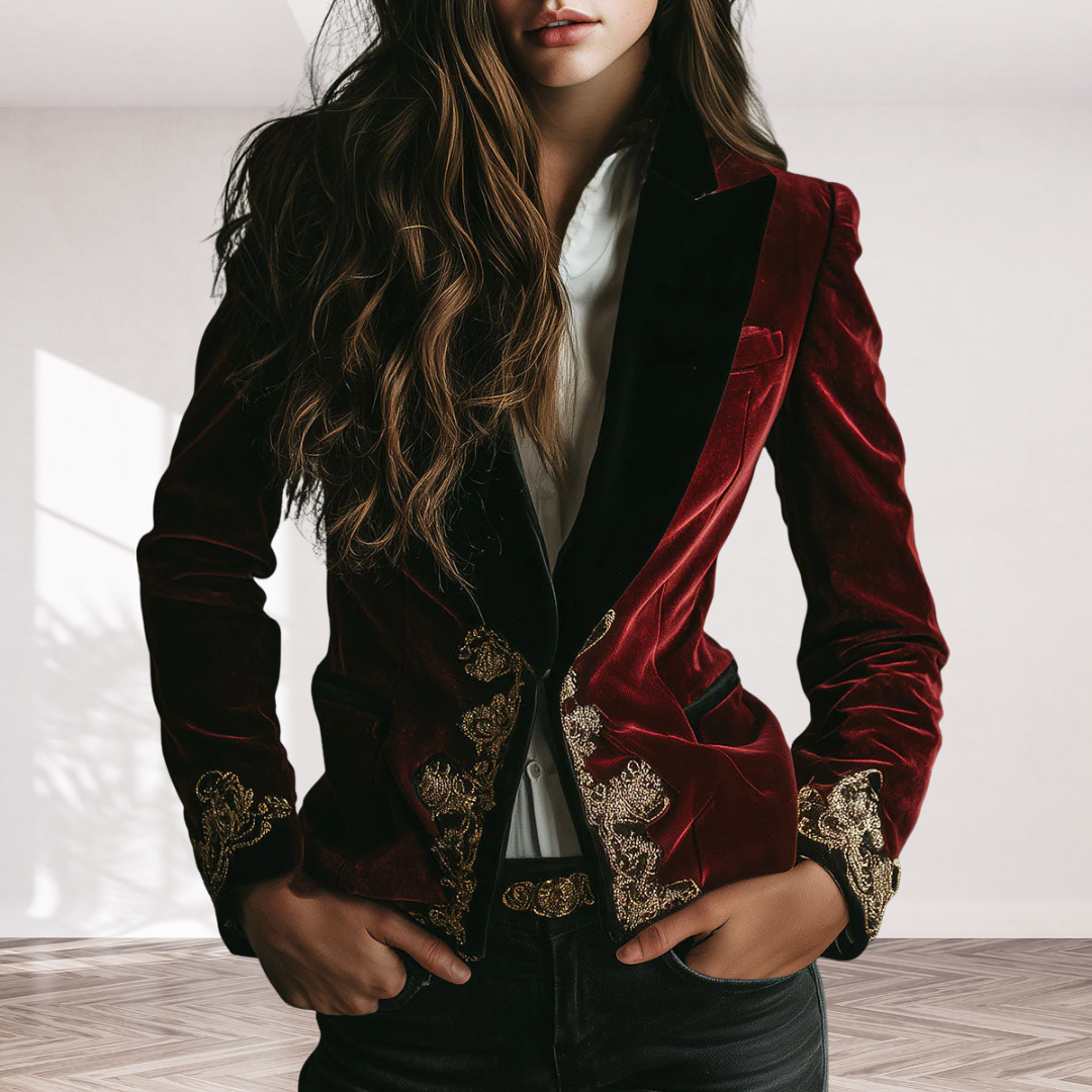 Elegant Black Collar Gold Luxury Embroidered Velvet Blazer