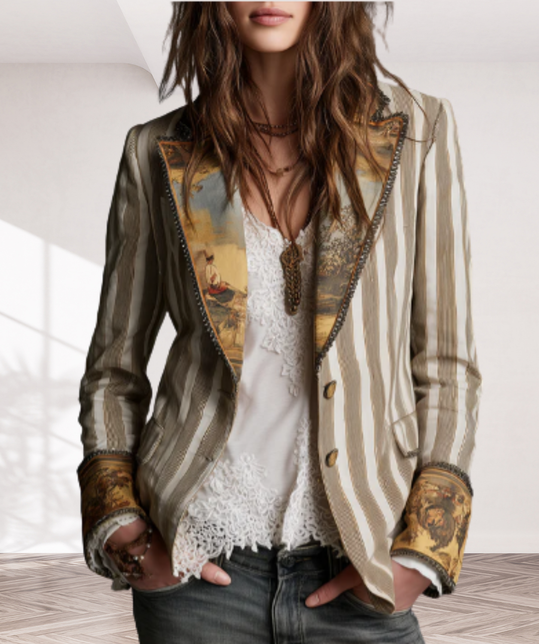 Bohemian Striped Cotton Blazer With Printed Lapels