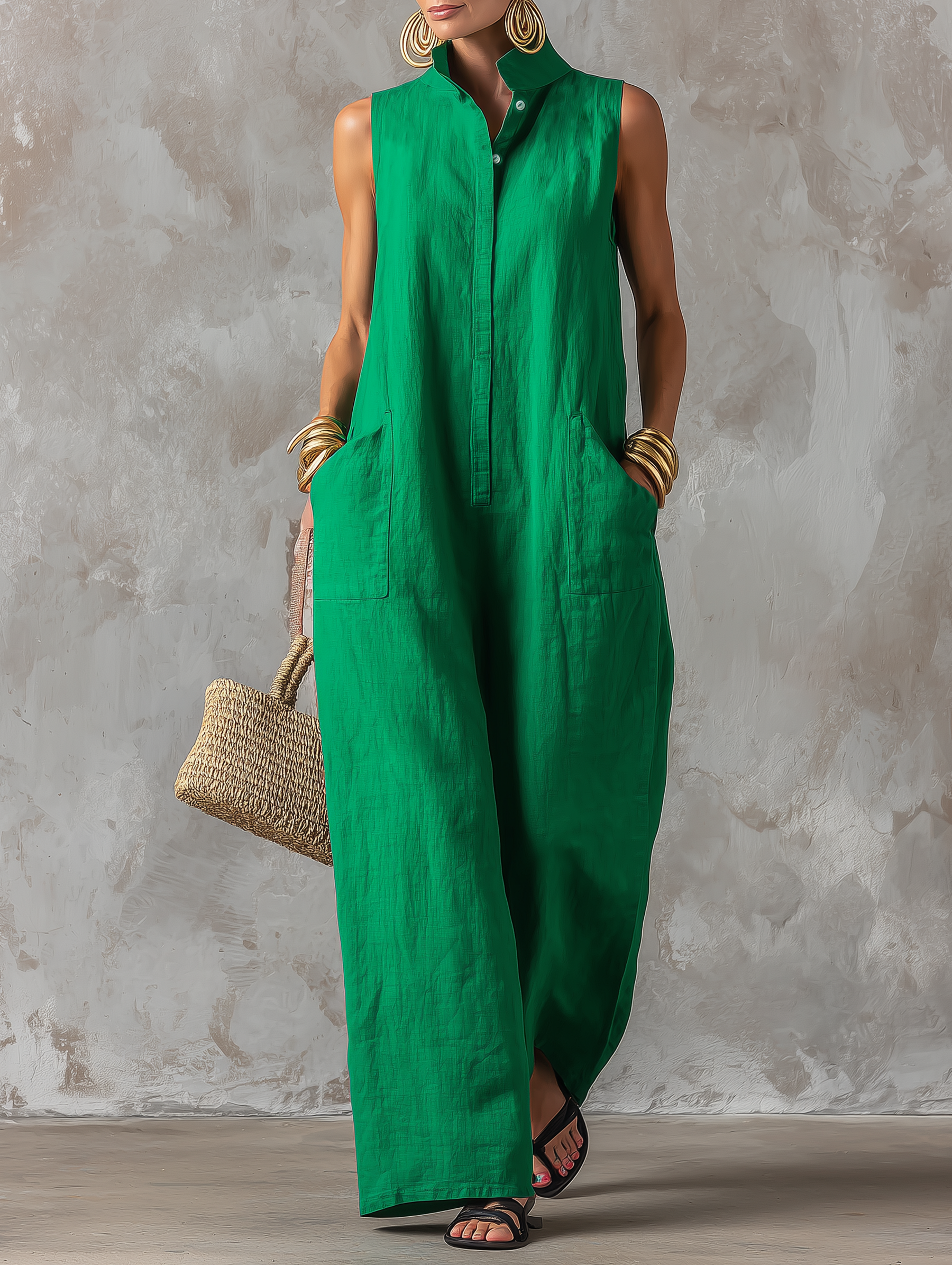 Women's Minimalist Loose-Fit Linen-Blend Jumpsuit — Stand Collar, Sleeveless, Single-Breasted MDZ2928D6Y