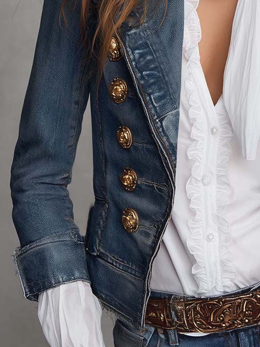 Western Vintage Double Breasted Gold Button Frayed Hem Cropped Denim Blazer
