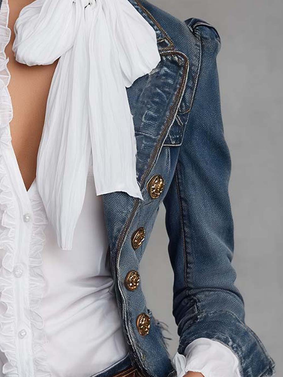 Western Vintage Double Breasted Gold Button Frayed Hem Cropped Denim Blazer