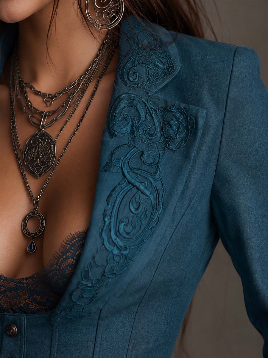 Vintage Embroidery Lace Lapel Long Sleeve Button Front Corset Waist Fitted Blazer