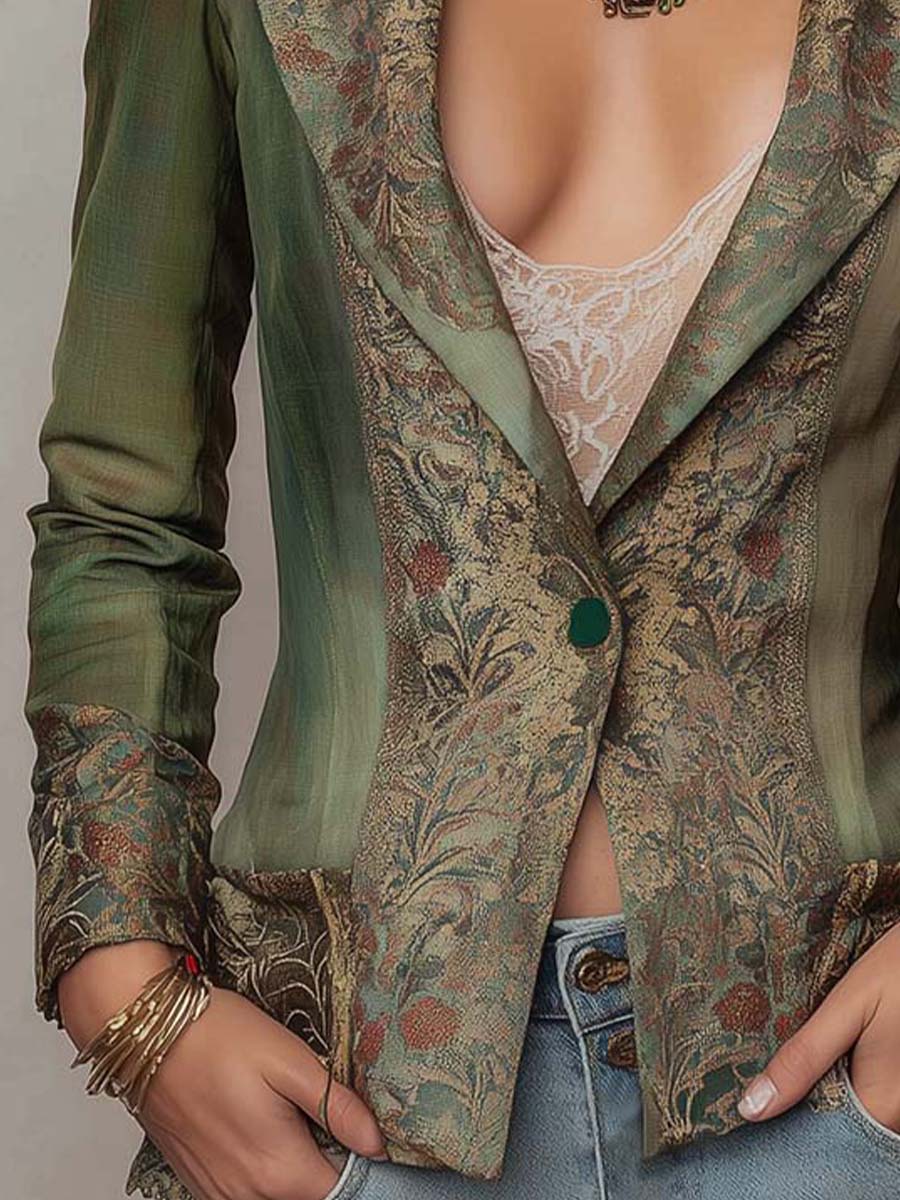 Vintage Floral Tapestry Contrast Lapel Cuff Single Button Fitted Olive Green Blazer