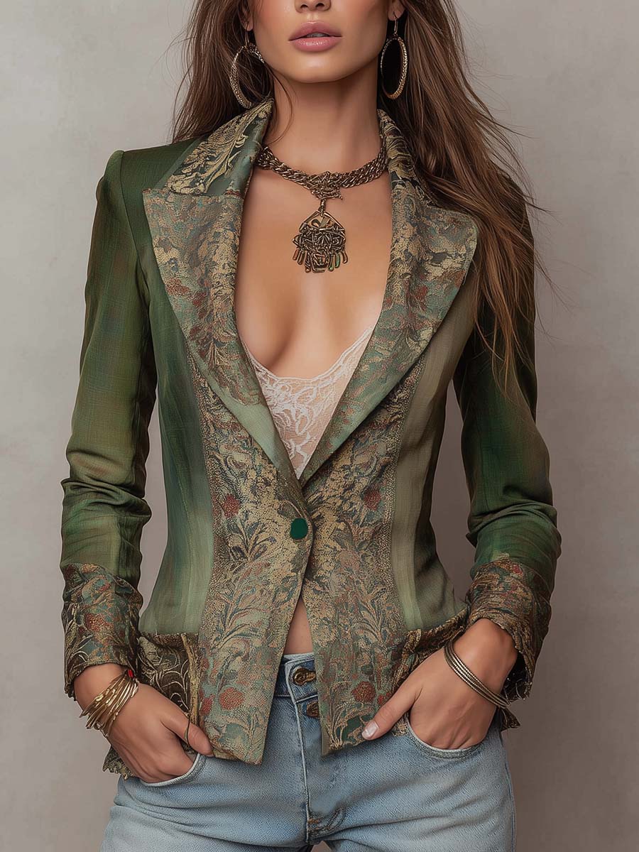 Vintage Floral Tapestry Contrast Lapel Cuff Single Button Fitted Olive Green Blazer