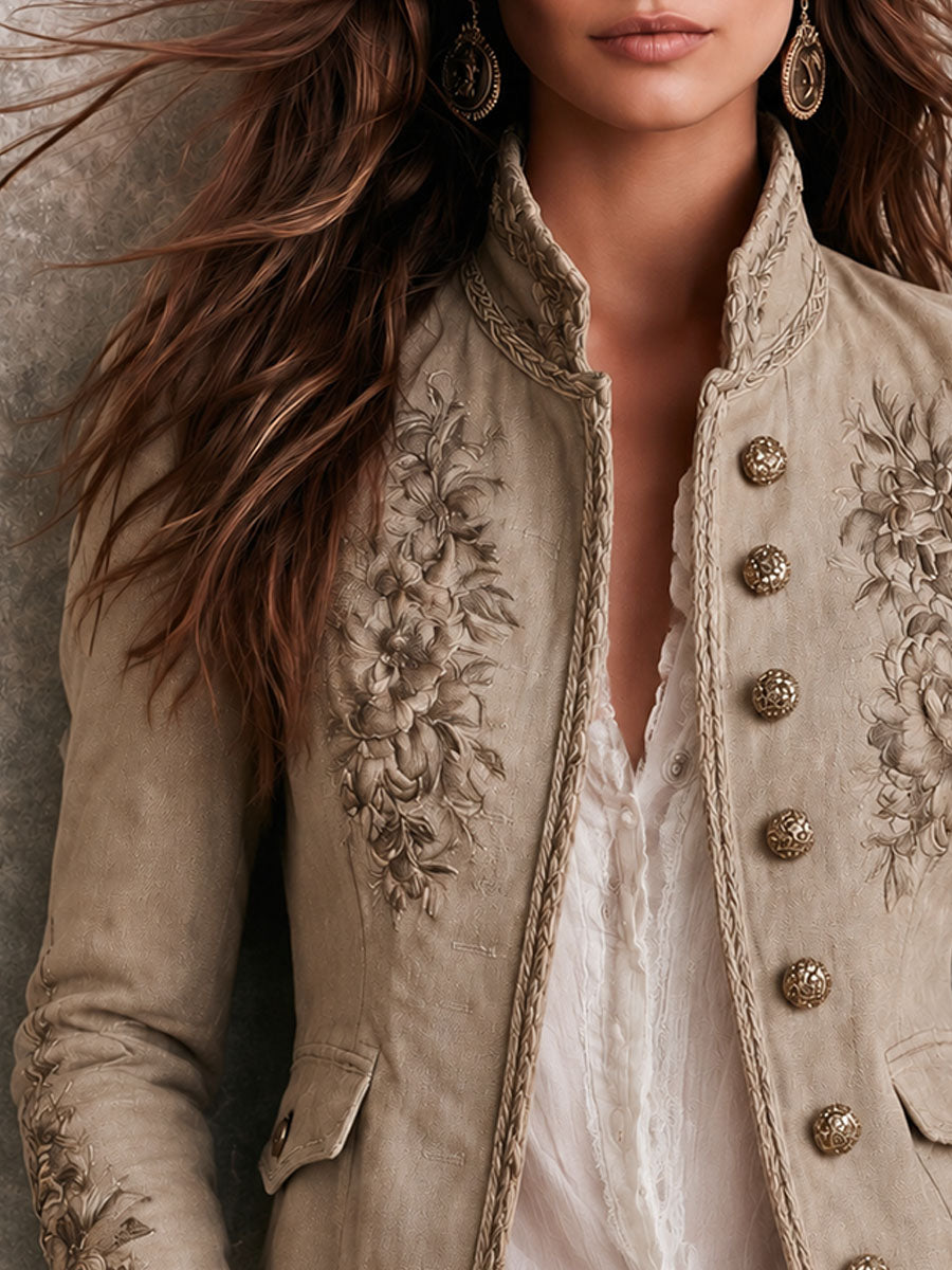 Retro Beige Stand Collar Floral Embroidery Braided Trim Jacket
