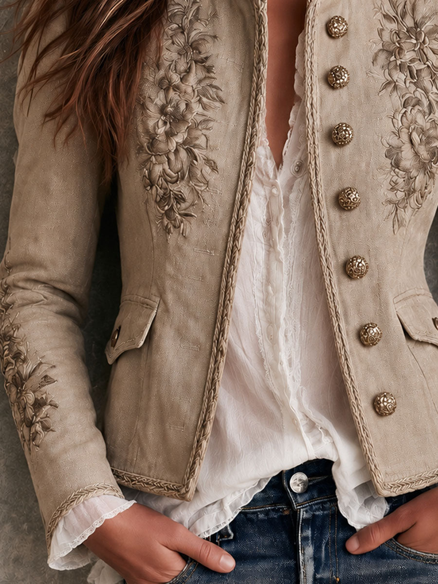Retro Beige Stand Collar Floral Embroidery Braided Trim Jacket