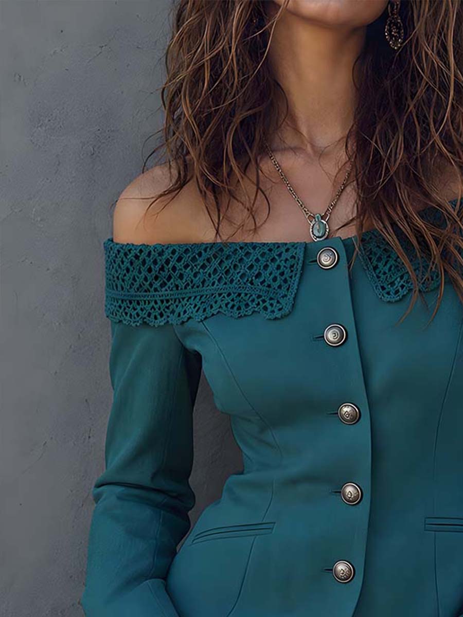 Vintage Lace Turnover Collar Off-shoulder Blazer