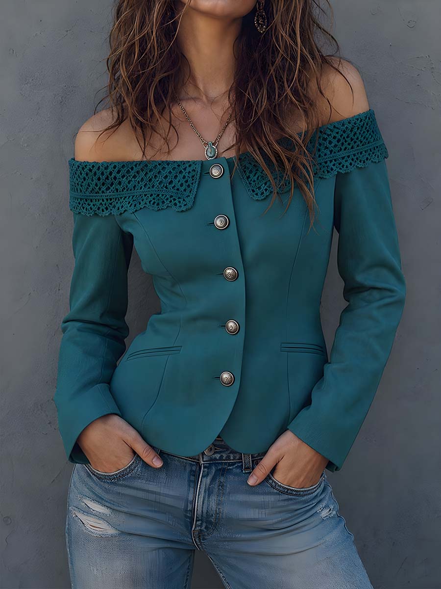 Vintage Lace Turnover Collar Off-shoulder Blazer