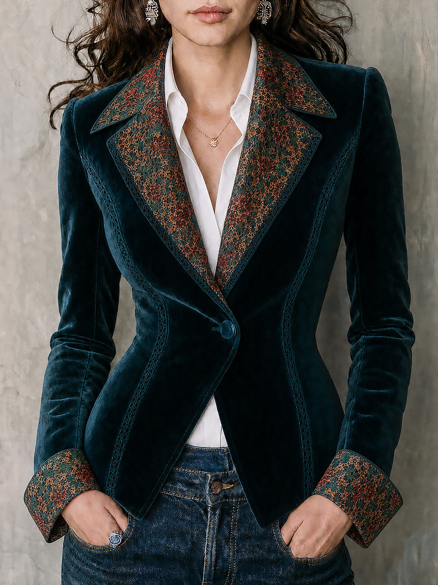 Vintage Print Fitted Velvet Blazer With Lace Trim
