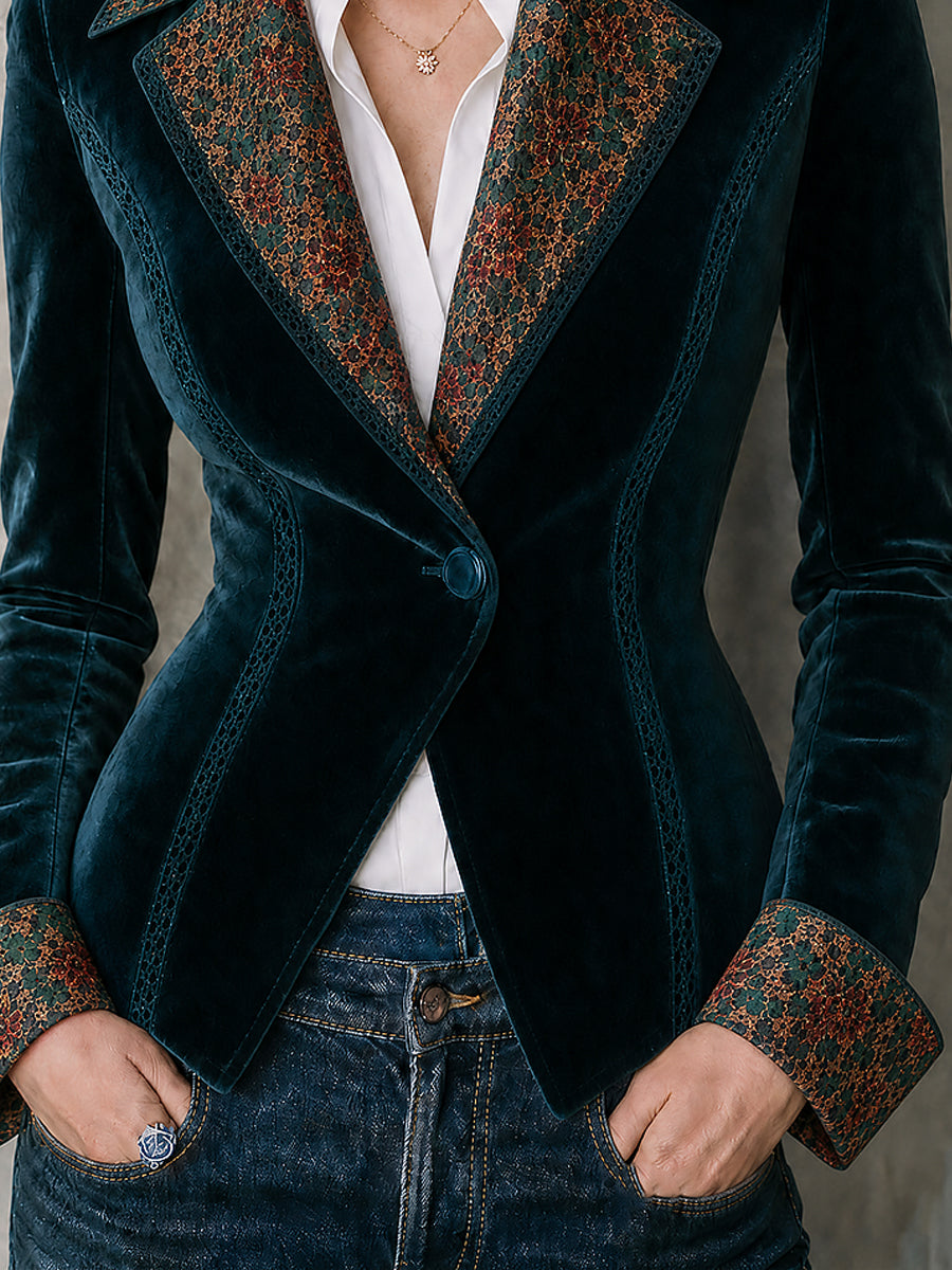 Vintage Print Fitted Velvet Blazer With Lace Trim