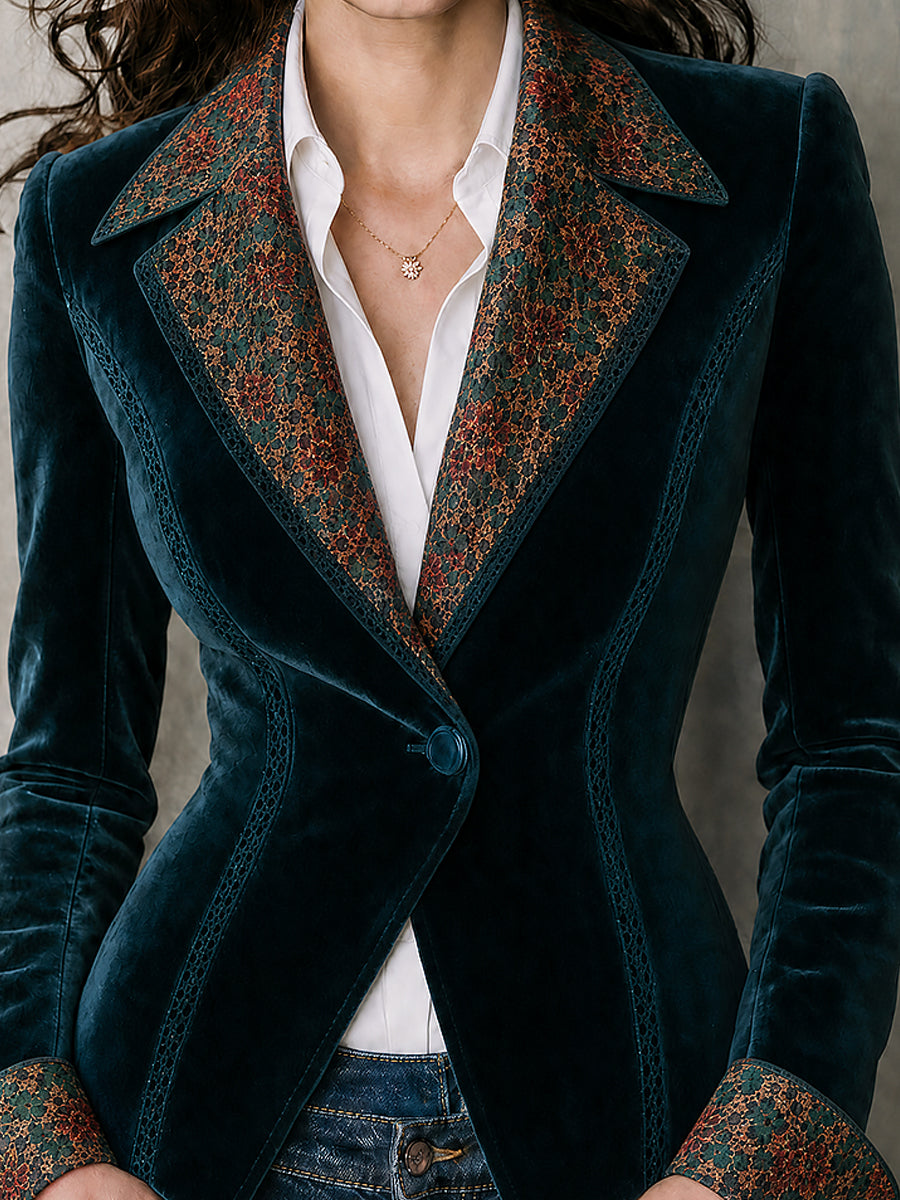 Vintage Print Fitted Velvet Blazer With Lace Trim