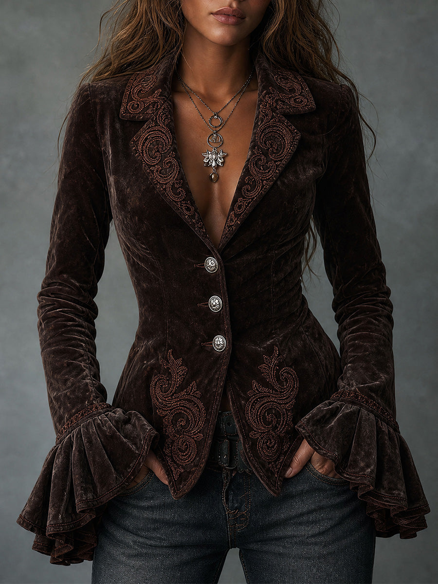 Chocolate Velvet Embroidered Ruffle Jacket