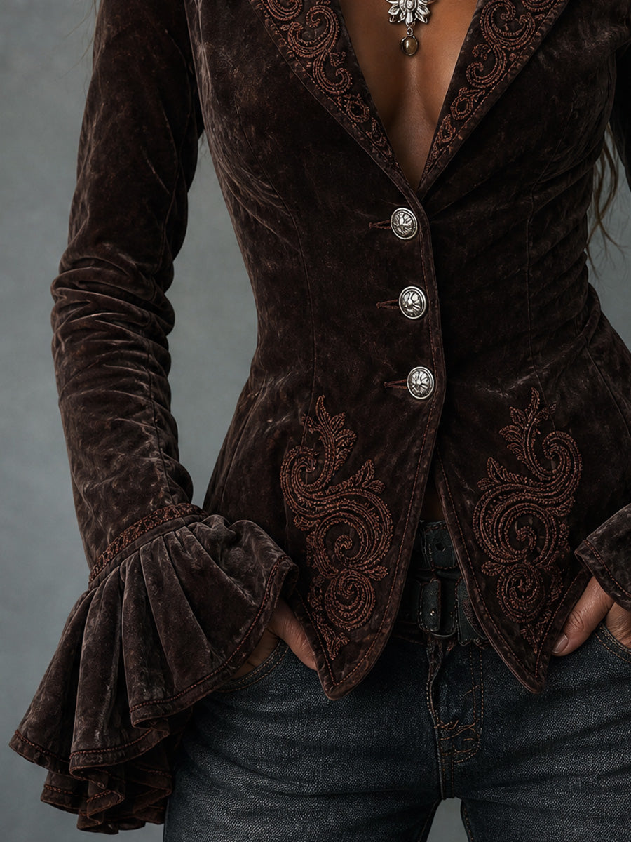 Chocolate Velvet Embroidered Ruffle Jacket