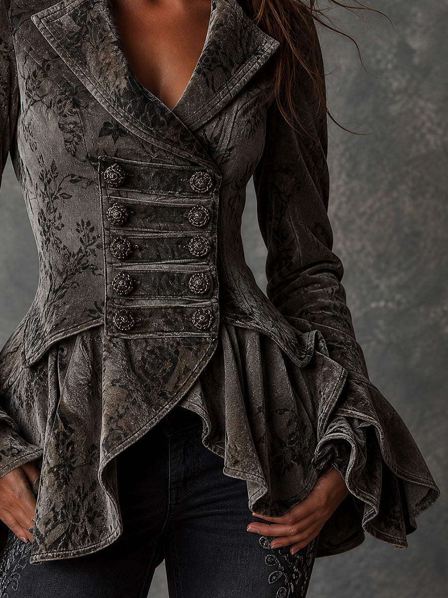 Vintage Jacquard Ruffle Military Jacket