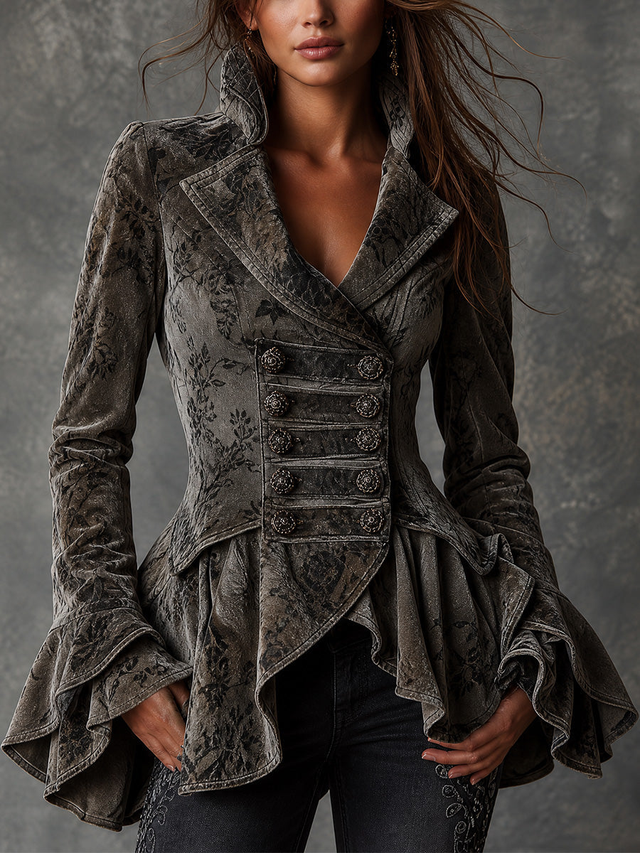Vintage Jacquard Ruffle Military Jacket