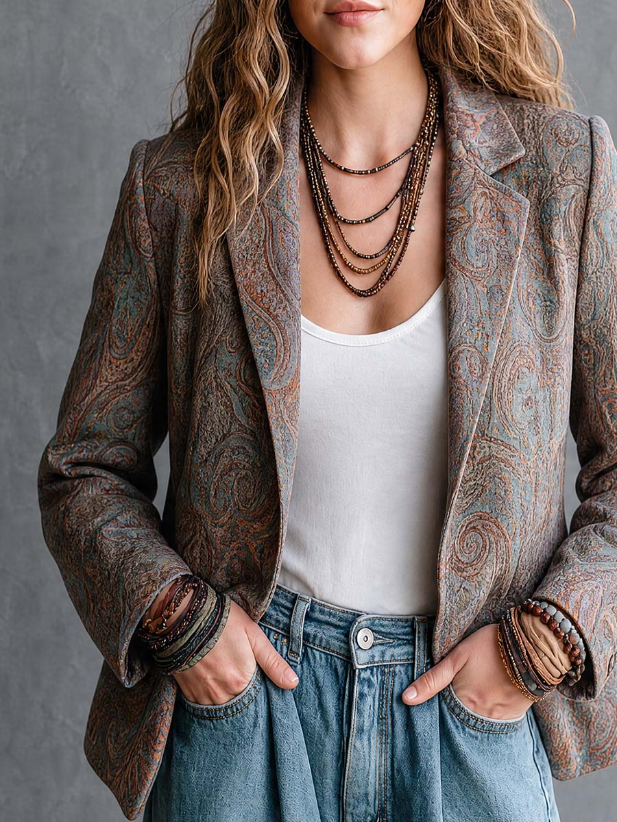Boho Paisley Jacquard Lapel Blazer