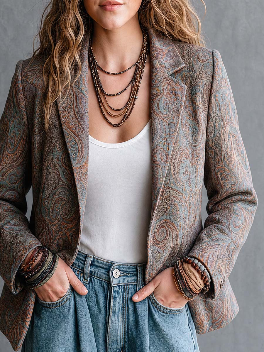 Boho Paisley Jacquard Lapel Blazer