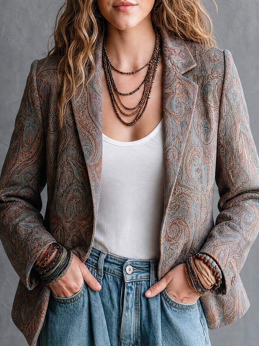 Boho Paisley Jacquard Lapel Blazer