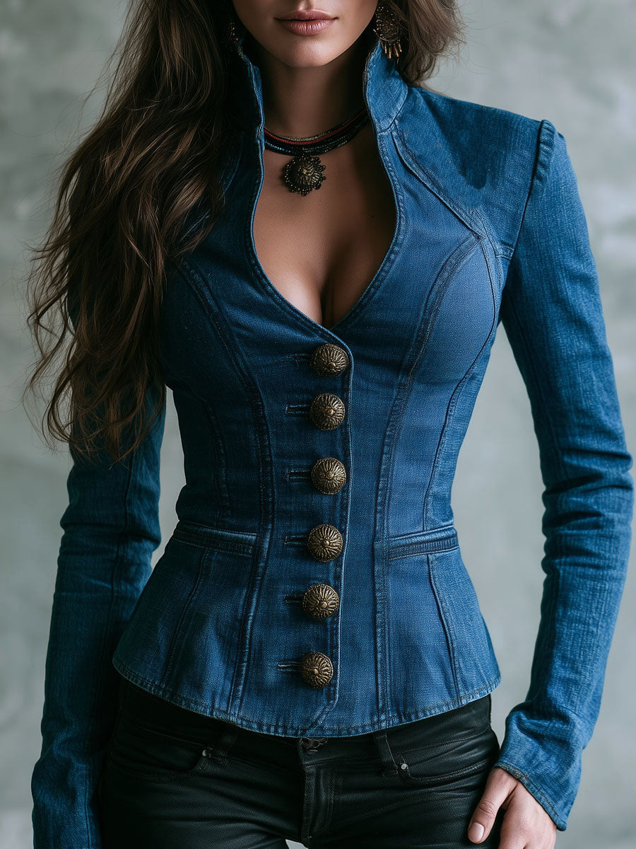 Retro Stand V Neck Medium Blue Denim Button Fitted Jacket