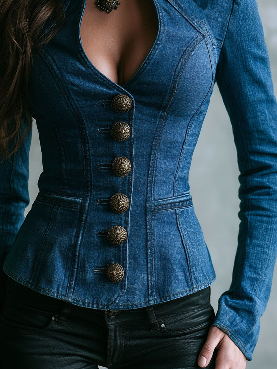 Retro Stand V Neck Medium Blue Denim Button Fitted Jacket
