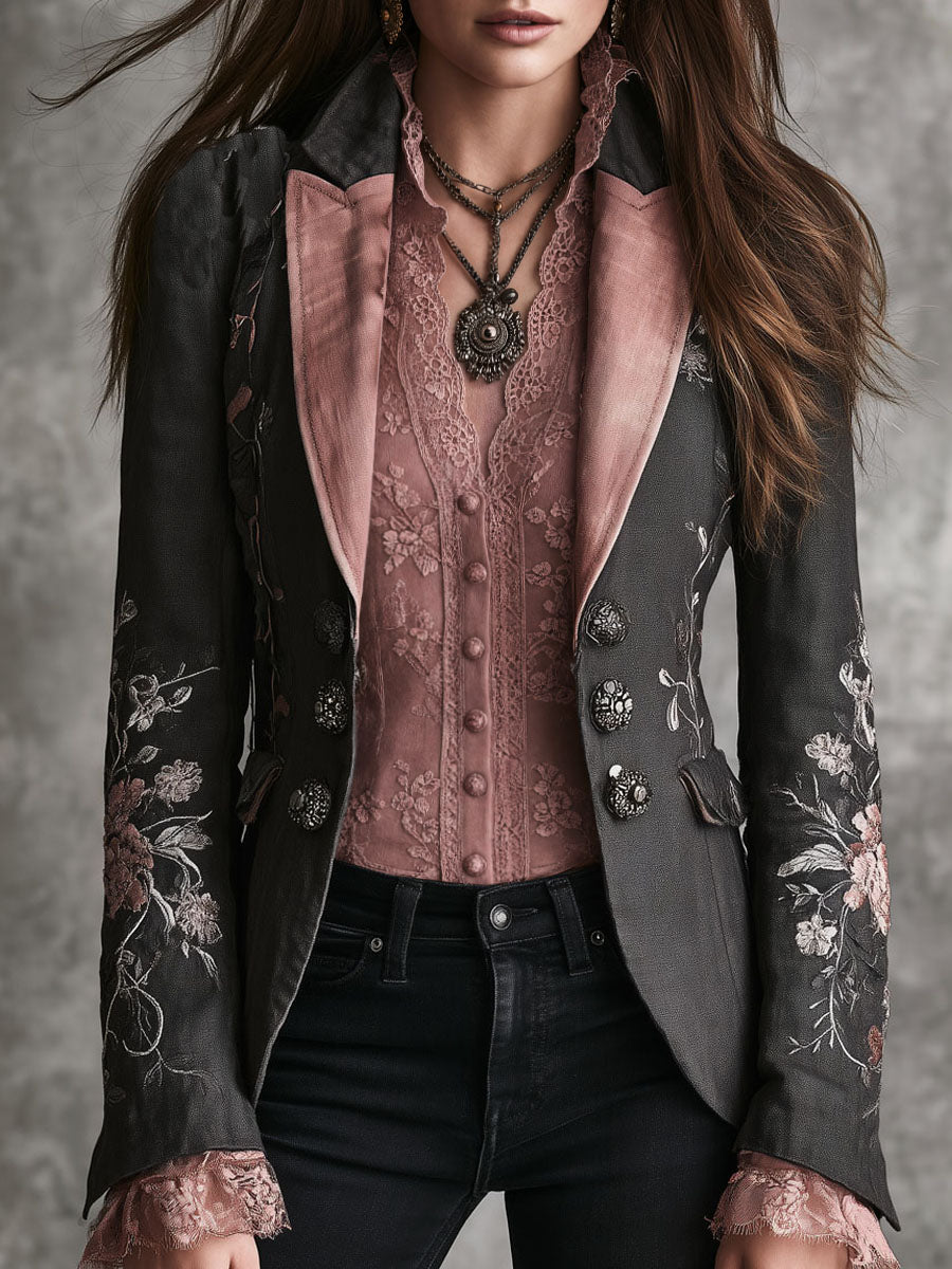 Retro Black Floral Embroidered Pink Satin Lapel Blazer