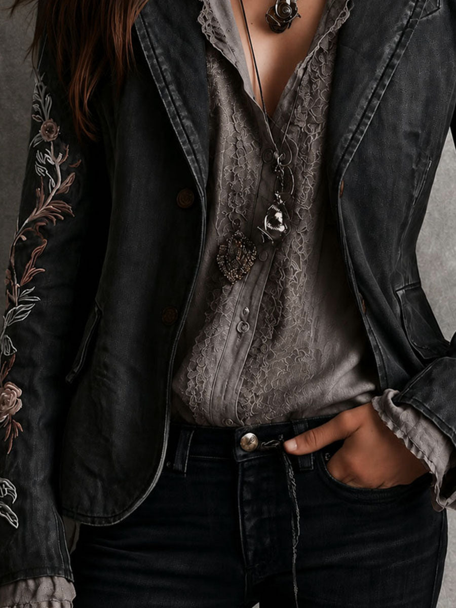 Vintage Washed Black Denim Floral Embroidered Blazer