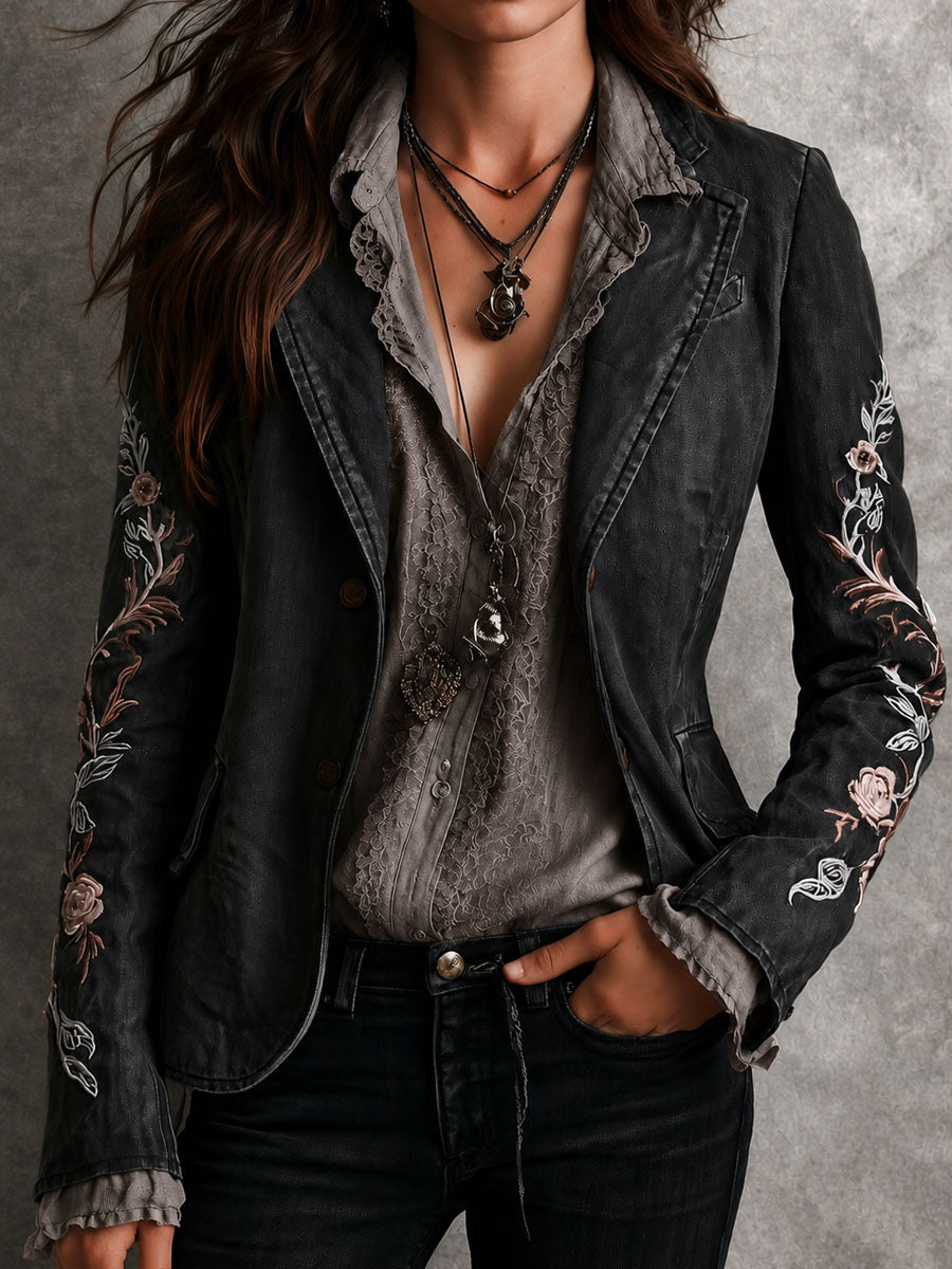 Vintage Washed Black Denim Floral Embroidered Blazer