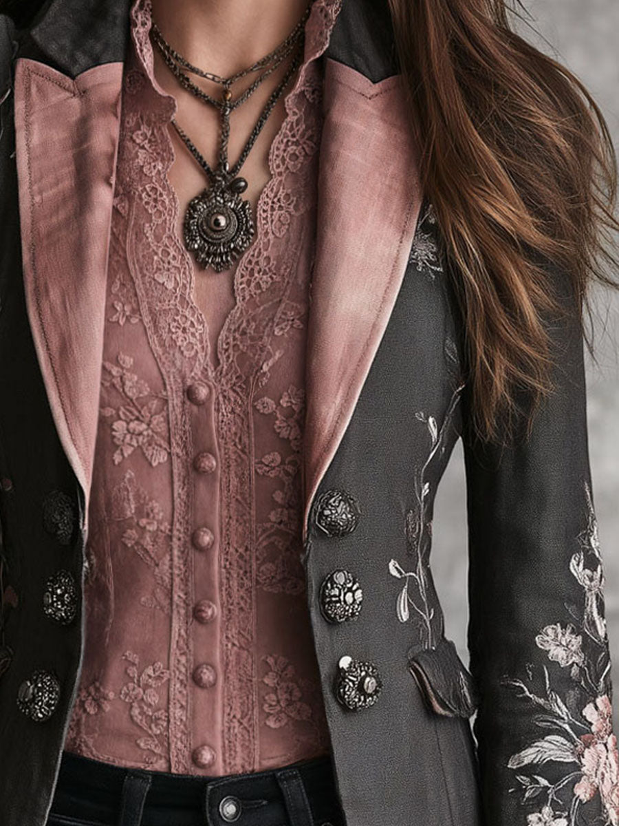 Retro Black Floral Embroidered Pink Satin Lapel Blazer