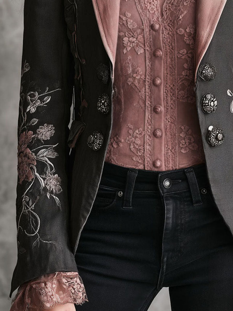 Retro Black Floral Embroidered Pink Satin Lapel Blazer