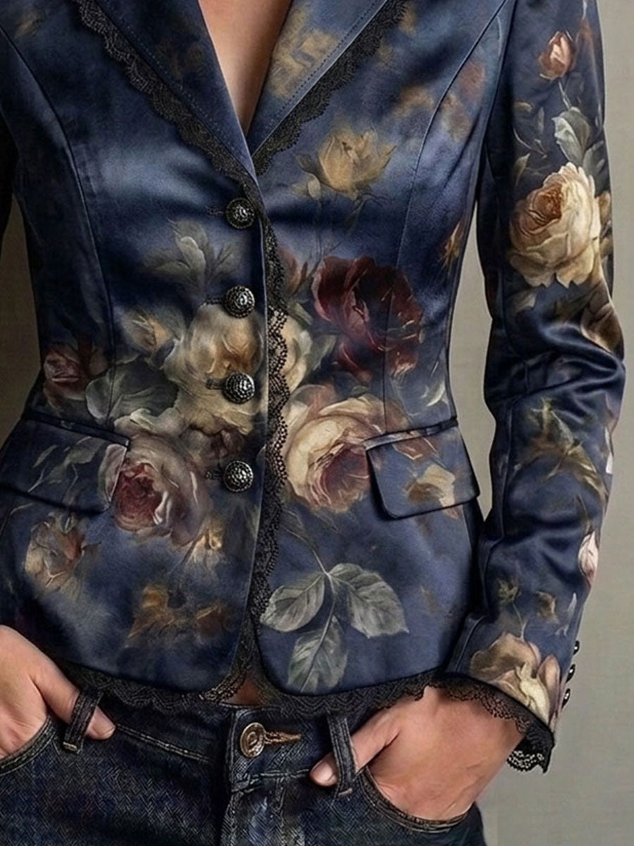 Vintage Floral Satin Lace Trim Tailored Cinched Waist Jacket