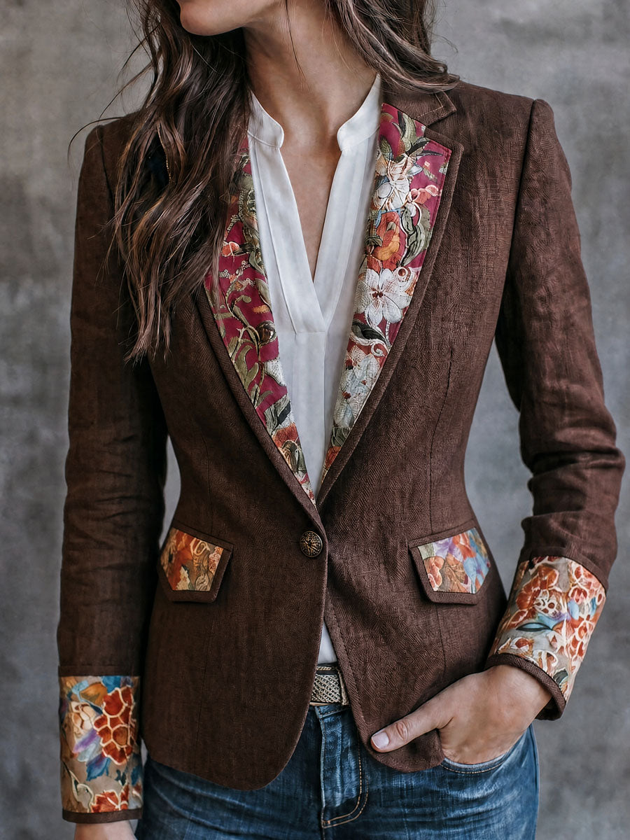 Vintage Brown Textured Linen Blazer With Floral Contrast Lapel And Cuffs